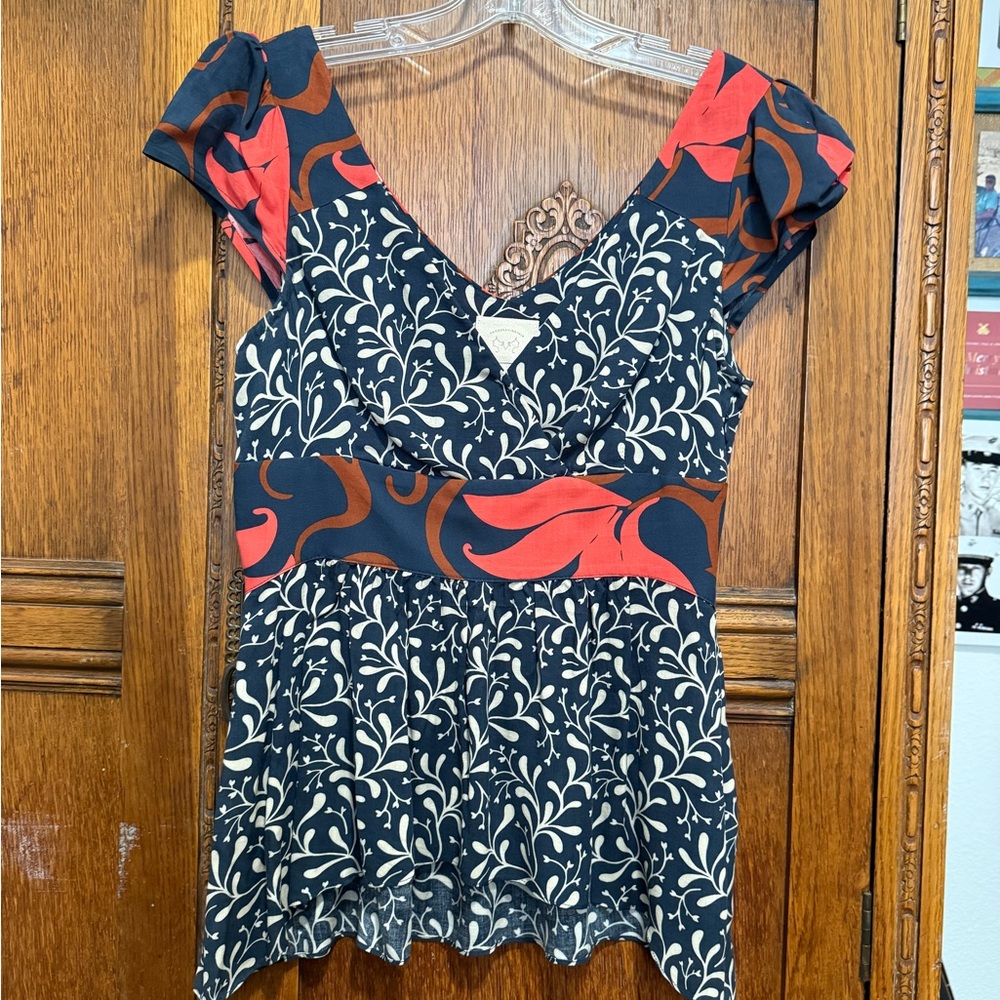 Elegant Navy and Red Floral Blouse